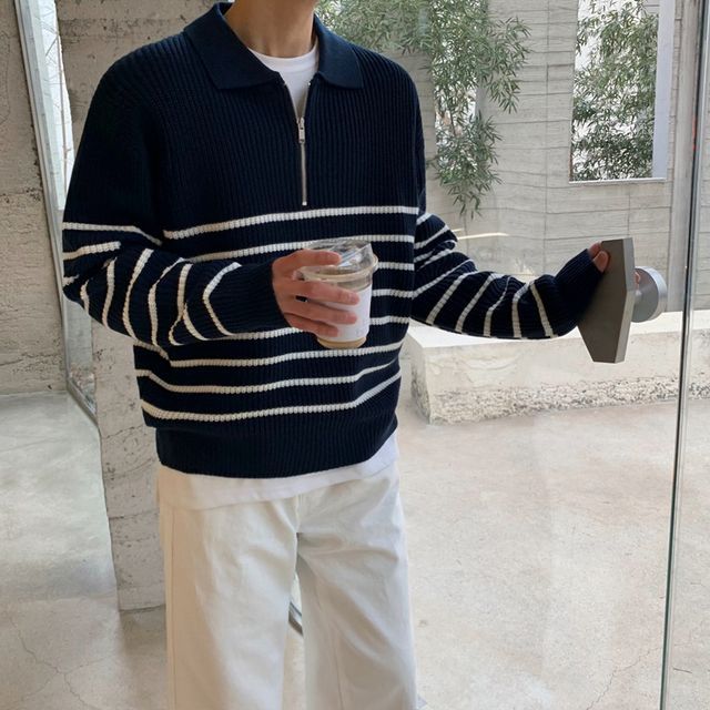 MRCYC-Long-Sleeve Half-Zip Polo-Neck Striped Sweater
