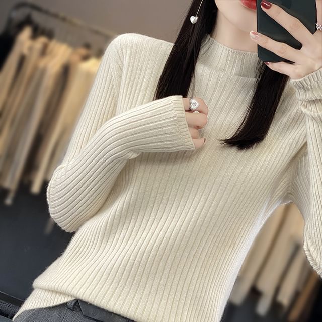 Weelop-Long-Sleeve Mock Neck Plain Ribbed Knit Top