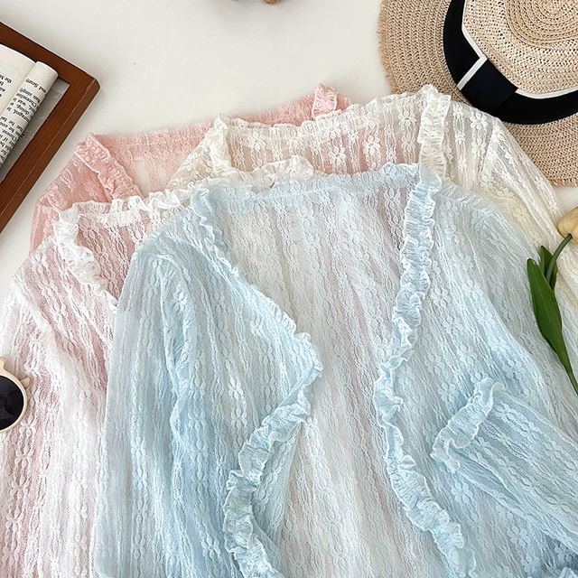 DIYI-Lace Crop Open Front Light Jacket