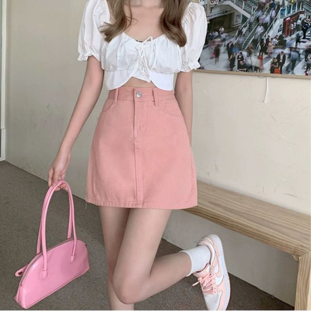Everose-High Rise Denim Mini Skirt