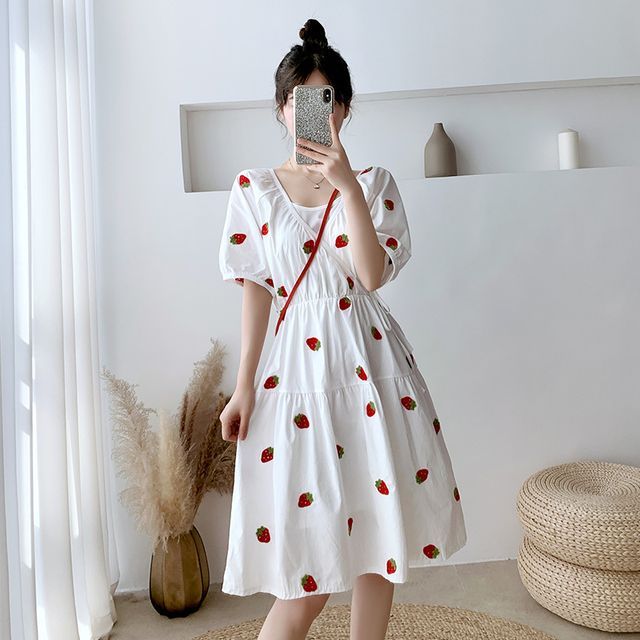 Short Sleeve Strawberry Print A-Line Babydoll Dress