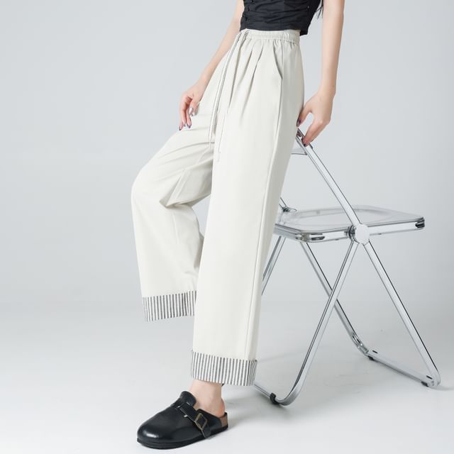 Magimomo-Drawstring Waist Striped Panel Cropped Wide Leg Pants