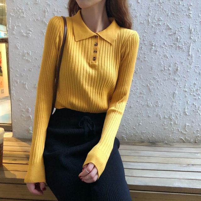 Sisyphi-Long-Sleeve Plain Ribbed Knit Polo Shirt