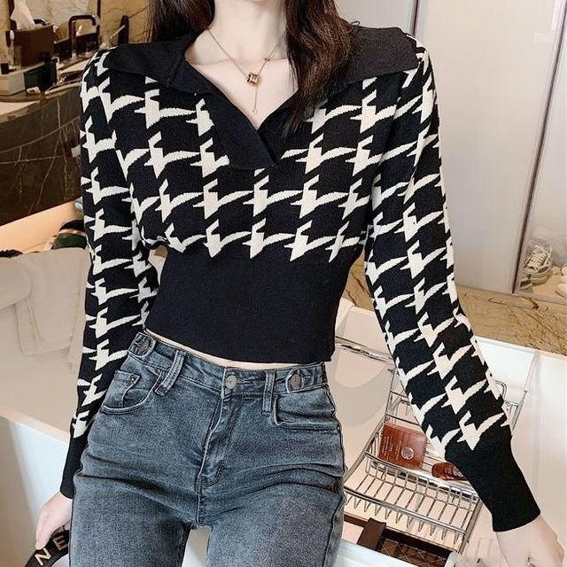 Cloud Nine-V-Neck Collar Houndstooth Cropped Sweater