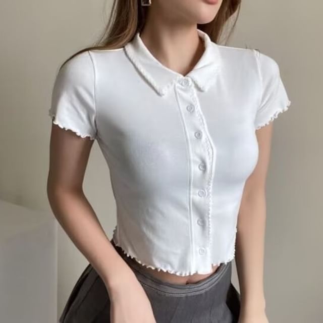 Firebird - Short Sleeve Collared Plain Ruffle Trim Button Up Knit Top ...