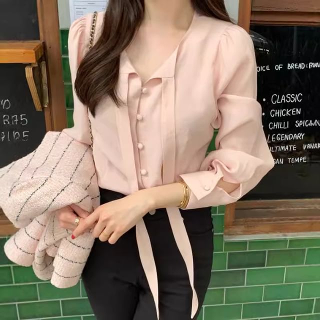 Sienne-Long-Sleeve V-Neck Plain Blouse