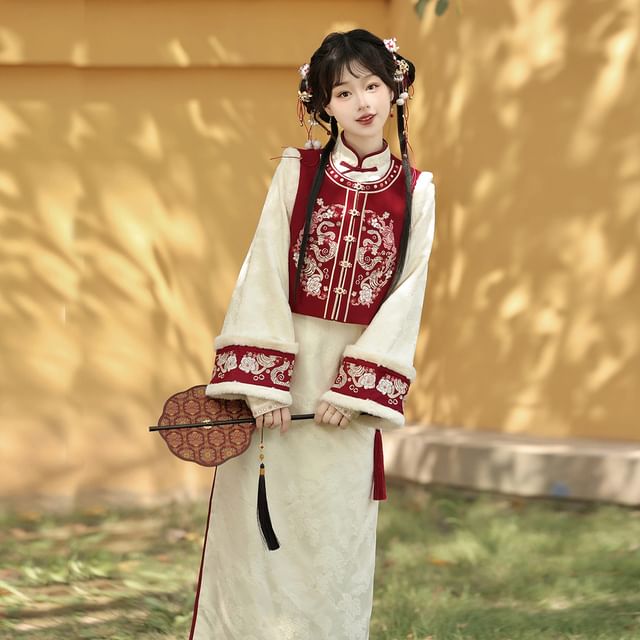 GOGO Girl - Long-Sleeve Fluffy Trim Stand Collar Frog Buttoned Midi A-Line  Dress / Dragon Embroidered Vest / Set