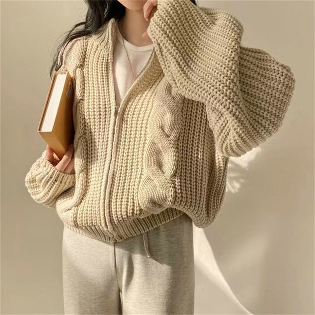 Happo Crew Neck Plain Cable Knit Zip-Up Cardigan YesStyle