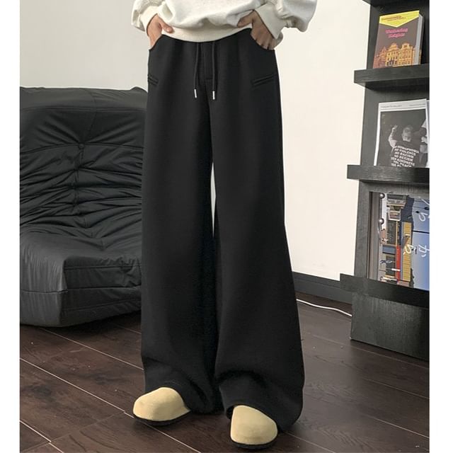 Lingaris-Drawstring Waist Plain Wide Leg Sweatpants