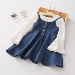 Seashells Kids - Kids Set: Bell-Sleeve Blouse + Spaghetti Strap A-Line Denim Dress Seashells Kids - Kids Set: Bell-Sleeve Blouse + Spaghetti Strap A-Line Denim Dress