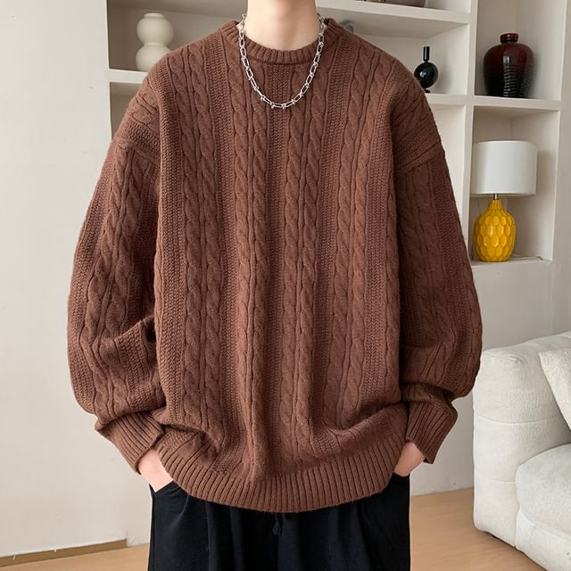 Naideth-Long-Sleeve Crew Neck Plain Cable Knit Sweater