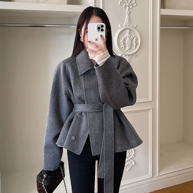 Sienne-Collar Plain Sashed Snap Button Jacket