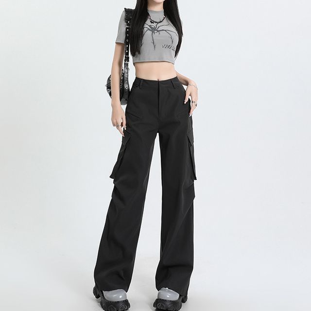 Faiar-High Rise Plain Wide Leg Cargo Pants