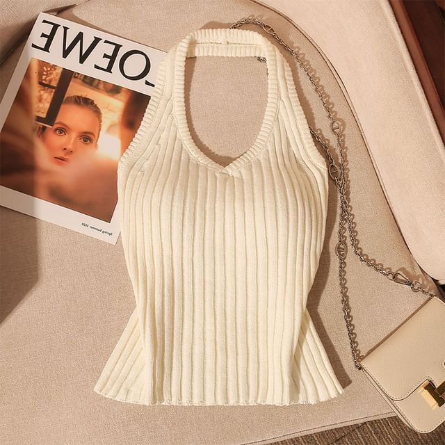 Iasia-Halter V-Neck Plain Open Back Crop Knit Top