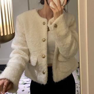 Coris-Crew Neck Plain Button-Up Fleece Crop Jacket