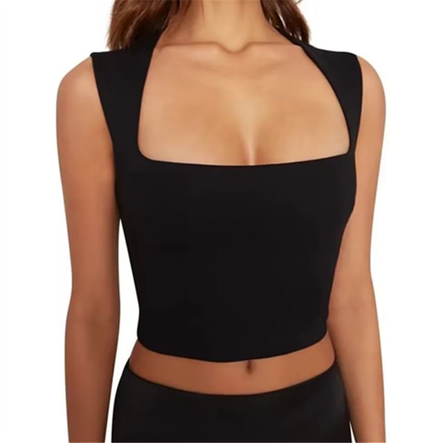 Asiris-Sleeveless Square Neck Plain Crop Top
