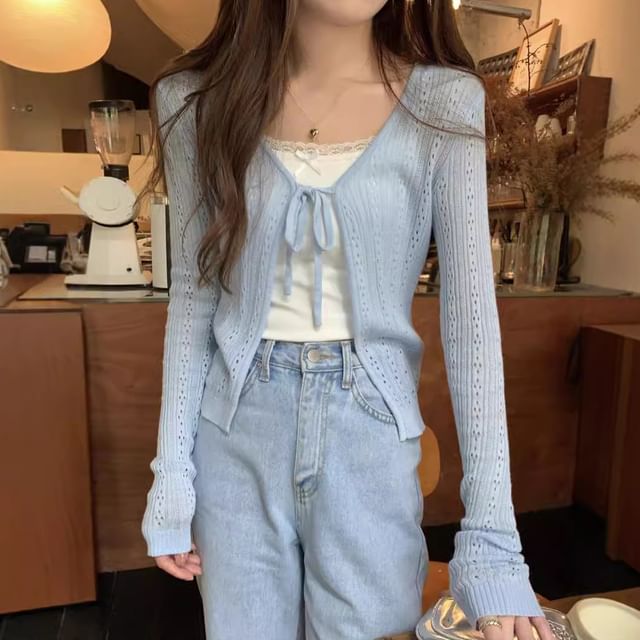 CRIBI - V-Neck Plain Perforated Tie Front Crop Cardigan | YesStyle