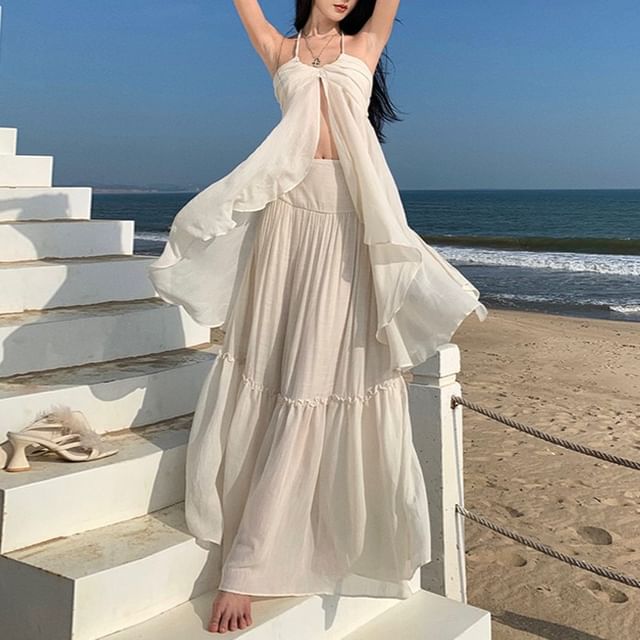 Faiar-Set Halter Neck Plain Open Back Slit Top High Waist Maxi A-Line Skirt