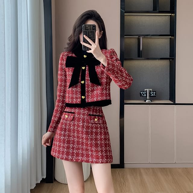 Tulik - Set: Plaid Button-Up Tweed Jacket + Mini Skirt