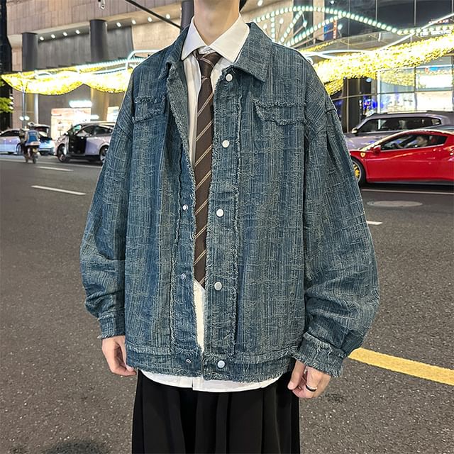 Obikan-Collared Washed Fray Button Denim Jacket