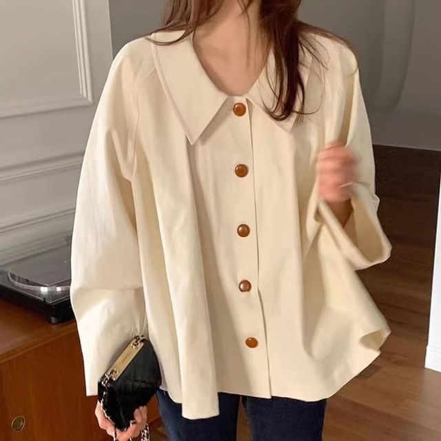 Everose-Puff-Sleeve Plain Button-Up Blouse