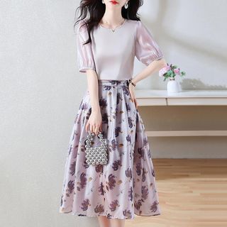 Jeonseon Set: Elbow-Sleeve Round Neck Panel Blouse + High Waist Floral Print Midi A-Line Skirt Sale