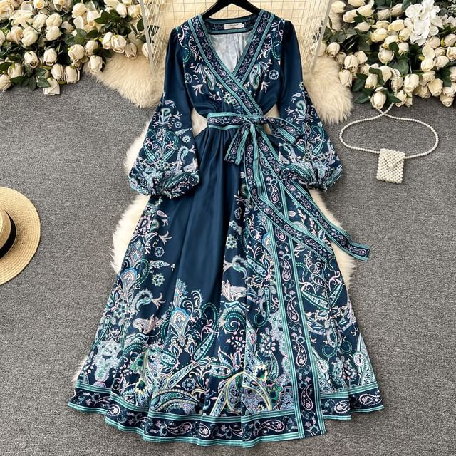 sunnysnow - Long-Sleeve V-Neck Paisley Print Tie Waist Maxi A-Line Wrap  Dress | YesStyle