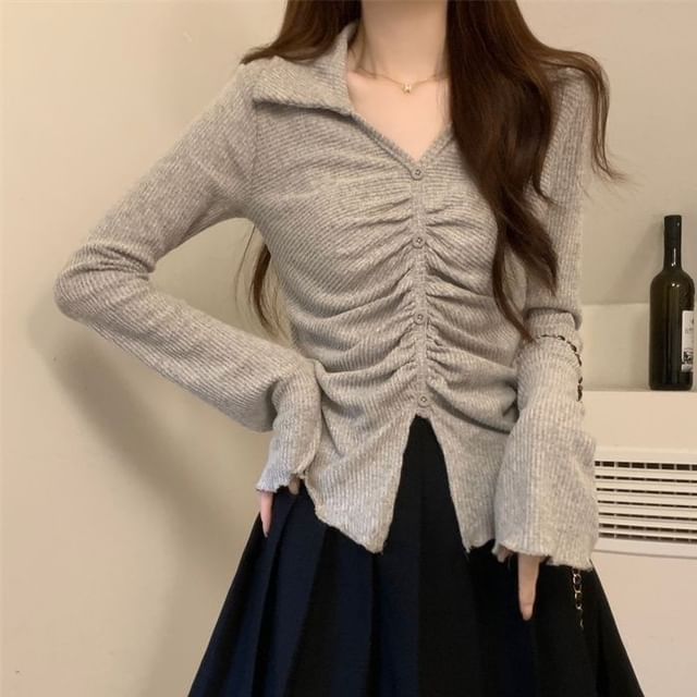 Sisyphi-Long-Sleeve Collared Cinched Plain Top