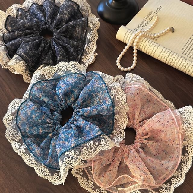 Rodiv-Floral Print Lace Trim Scrunchie