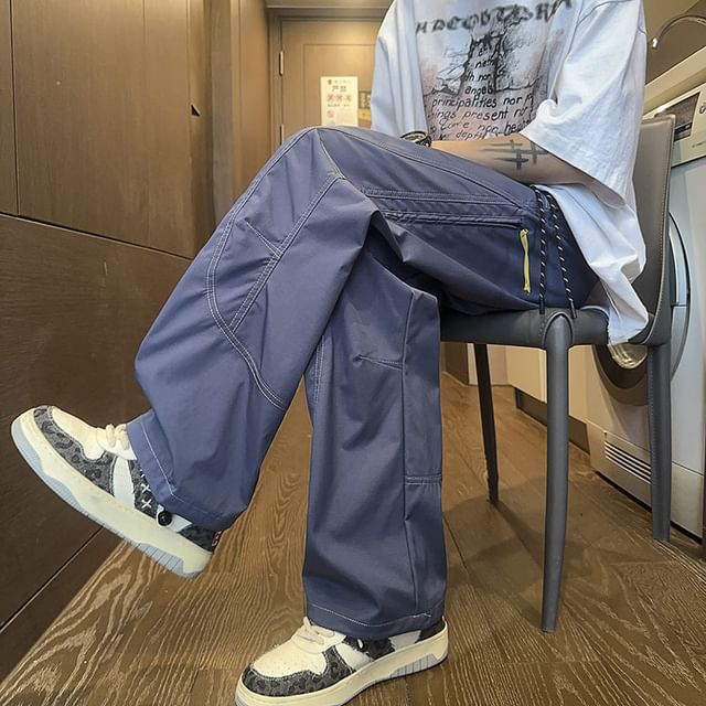 Obikan-Drawstring Waist Plain Wide Leg Pants