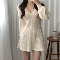 Meatacci - Long-Sleeve Cable-Knit Mini A-Line Sweater Dress