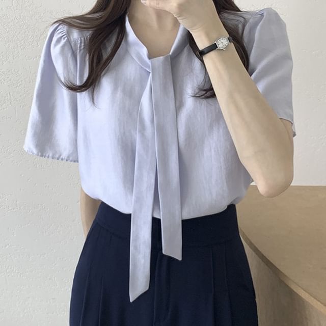 MIKIGA-Short-Sleeve Tie-Neck Plain Blouse