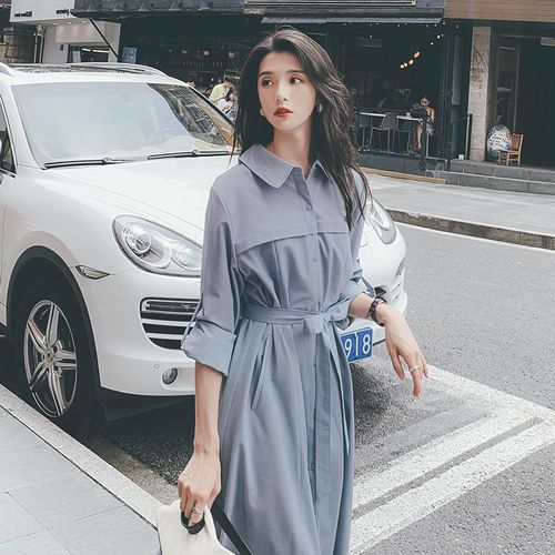 Blue Tie Waist Long Sleeve Midi Shirt Dress