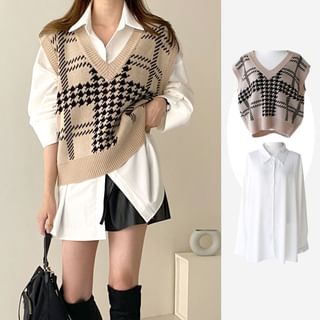 minaga - Houndstooth Sweater Vest / Long-Sleeve Plain Shirt