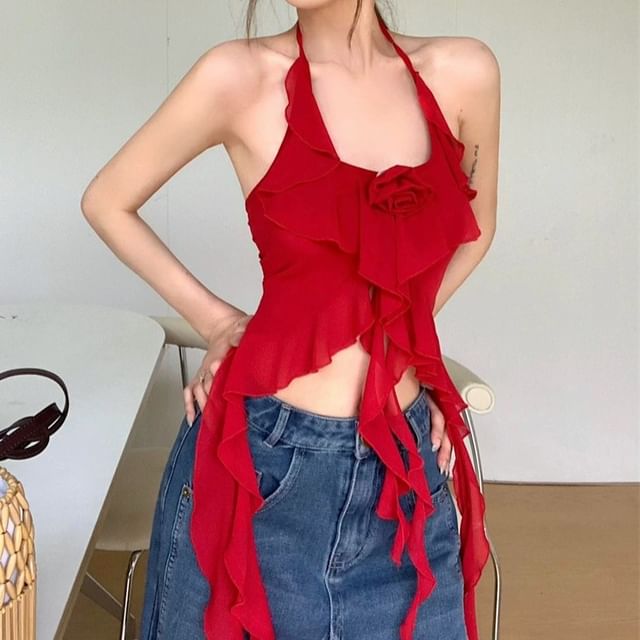 Essere-Scoop Neck Plain Asymmetrical Ruffle Hem Halter Top