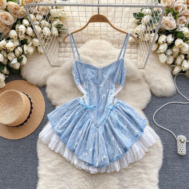 Lucuna-Spaghetti Strap Plain Lace Panel Mini A-Line Dress