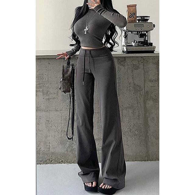 RainGirl-Drawstring Waist Plain Flared Sweatpants
