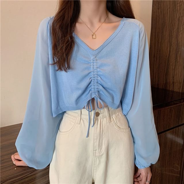 Sisyphi-Long-Sleeve V-Neck Plain Drawstring Crop Blouse