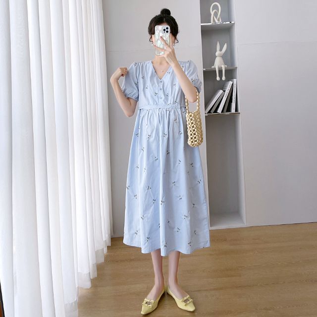 Empressa Maternity Short-Sleeve Floral Midi A-Line Dress YesStyle