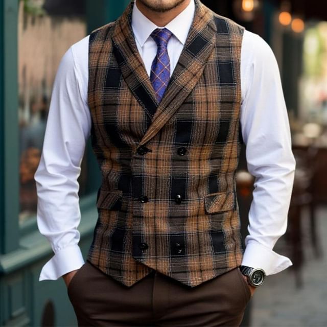 Lefitt-Shawl Collar Plaid Double-Breasted Vest