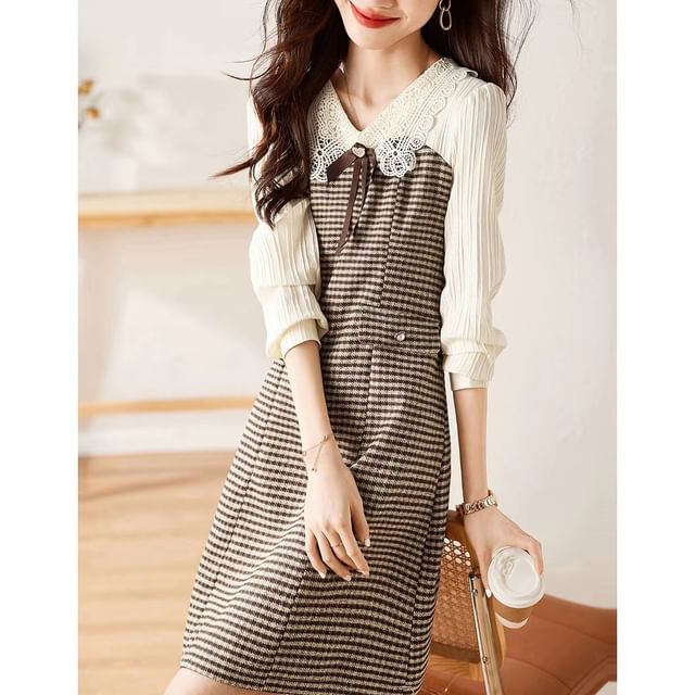 Jeonseon - Long-Sleeve Plaid Mock Two Piece Mini A-Line Dress | YesStyle Jeonseon - Long-Sleeve Plaid Mock Two Piece Mini A-Line Dress | YesStyle