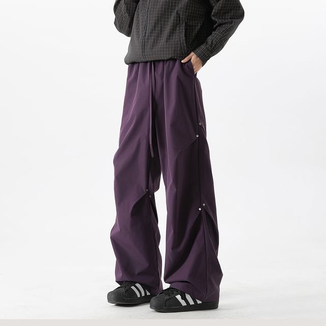 Koiyua-Drawstring Waist Plain Ruched Wide Leg Pants