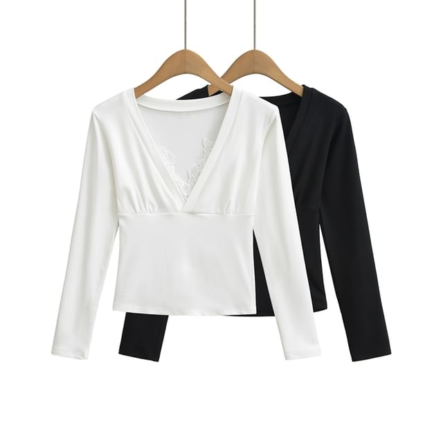 Ulark-Long-Sleeve V-Neck Plain Crop Top