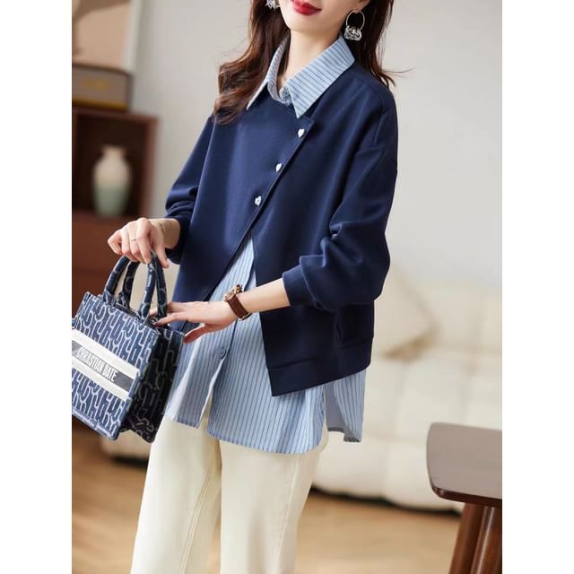 Jeonseon-Mock Two-Piece Collar Striped Panel Asymmetrical Button Sweatshirt