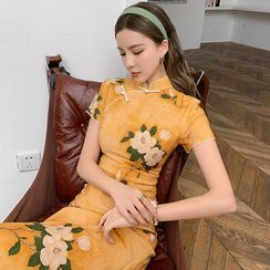 AMOS - Short-Sleeve Flower Print Midi Qipao