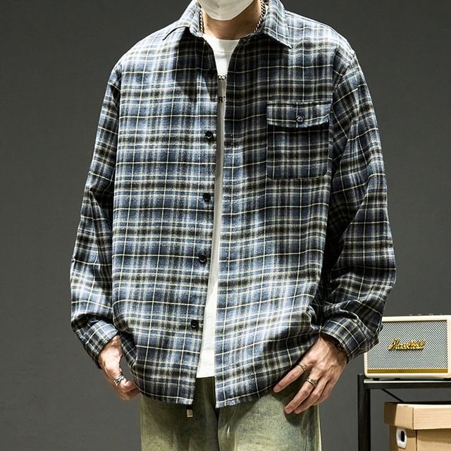 Redsinc-Long-Sleeve Pocketed Plaid Shirt