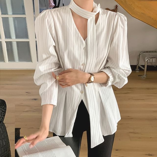 MIKIGA-Long Sleeve V-Neck Striped Blouse