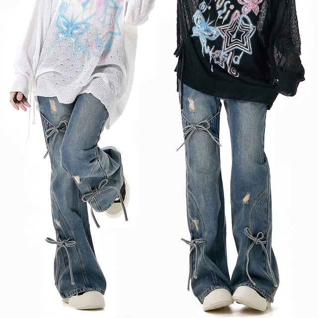 Florimi-High Rise Bow Accent Washed Distressed Flared Jeans