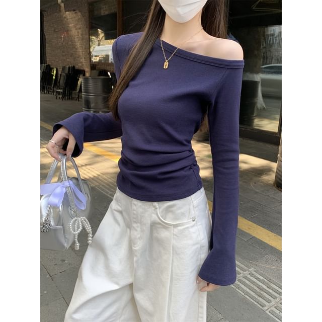 Beem-One-Shoulder Long-Sleeve Plain T-Shirt