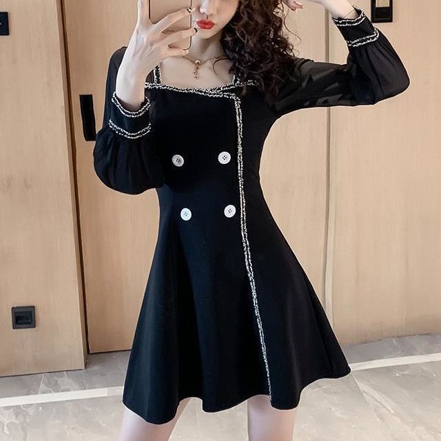 Long-Sleeve Square Neck Double Breasted Mini A-Line Dress